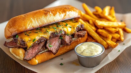 Roast beef sandwich with melted cheese and horseradish mayo, served with crispy fries