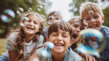 Children Playing with Bubbles in the Park - Joyful Moments of Childhood