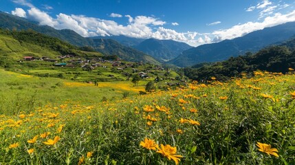 Enchanting Village Oasis: Serene Thai Hamlet in Mountain Haven with Lush Terraced Fields and Wildflowers, Ultra Detailed Shot