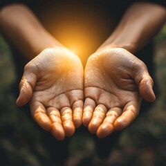 Fototapeta premium A pair of open hands catching light, symbolizing hope and generosity.