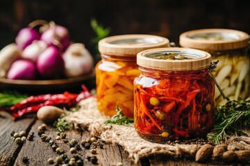 Jars of pickled vegetables on rustic table. Great for food, culinary, and health blogs.