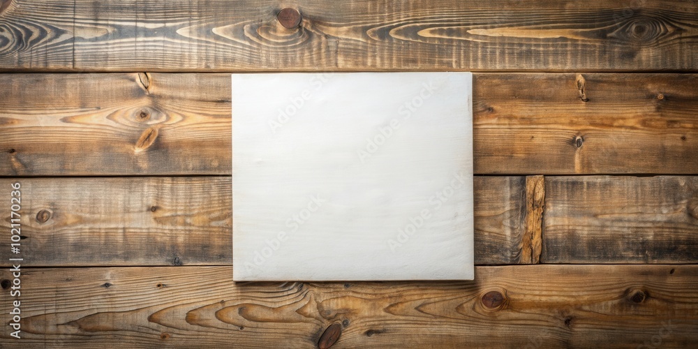 Aufkleber blank square canvas mockup on a rustic wooden background