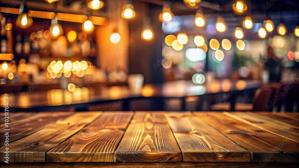 Poster Empty wooden table top with blurred background of a dimly lit bar with hanging lights and seating area