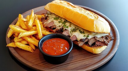 Roast beef sandwich with melted cheese and horseradish mayo, served with crispy fries