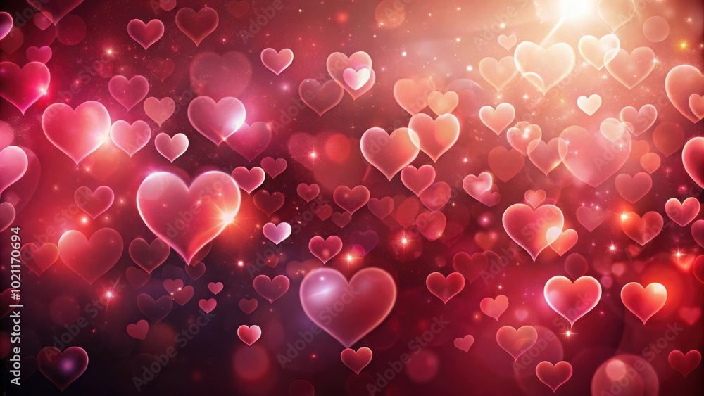 Poster a shimmering, romantic backdrop of glowing hearts with sparkling lights and a subtle sunburst effect