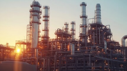 A complex industrial refinery at sunset, showcasing towering structures with cascading pipes and warm golden light.