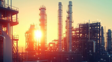 Obraz premium An industrial scene featuring tall smokestacks and pipelines, illuminated by the warm glow of a sunset.