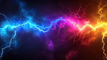A vibrant display of electric arcs in blue, pink, and orange against a dark backdrop, creating a dynamic and energetic atmosphere.