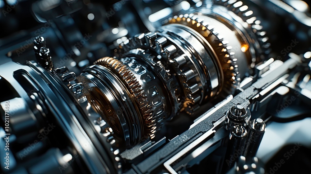Poster close-up of intricate metallic gears in a mechanical engine, showcasing precision and craftsmanship 