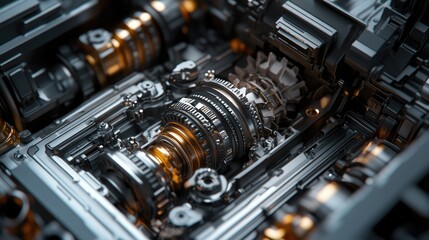 Fototapeta premium A close-up view of a complex metallic engine component showcasing intricate details and a blend of silver and gold tones.