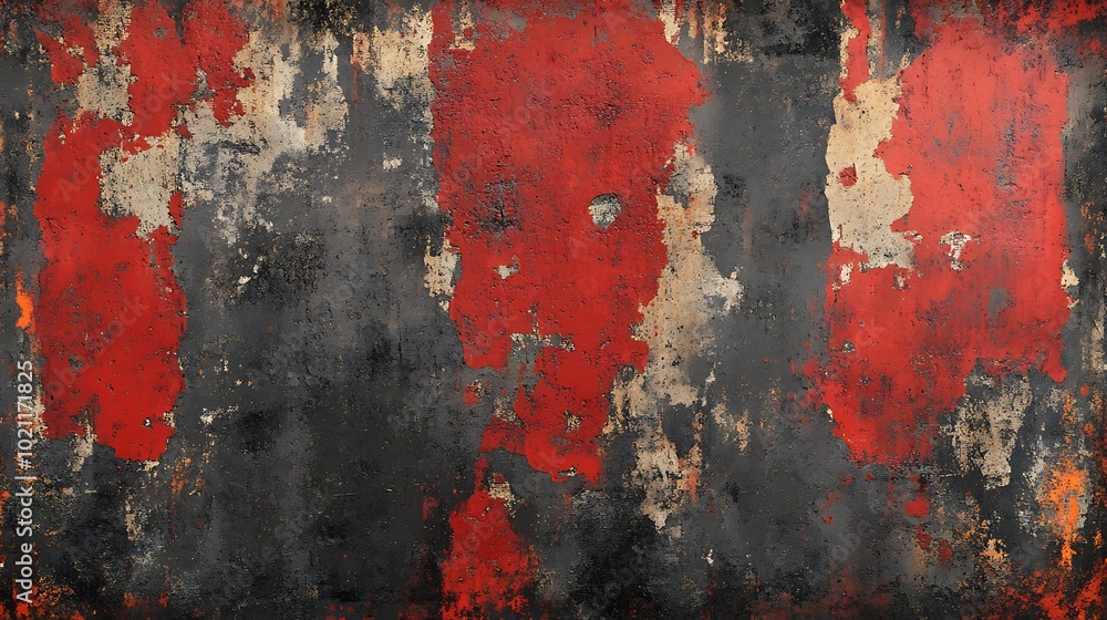 Poster A weathered surface featuring distressed red and black paint, showcasing a blend of textures and colors in a grunge aesthetic.