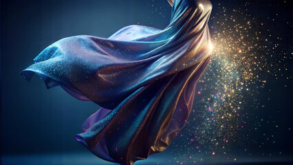 Glittering dress in motion with sparkling fabric, soft diffused lighting on a minimalist dark background