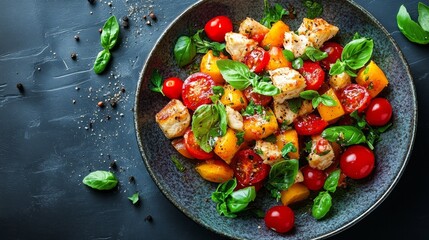 A close-up view of a plate of Italian Caprese salad with fresh basil, tomatoes, and toasted bread.