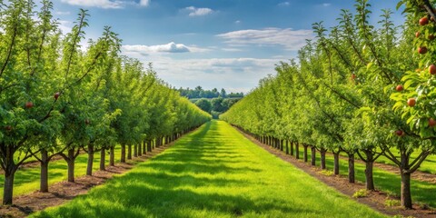 Naklejka premium A picturesque view of an orchard with rows of fruit trees, their branches laden with ripening fruit, showcasing the beauty of nature's bounty and the promise of a fruitful harvest.