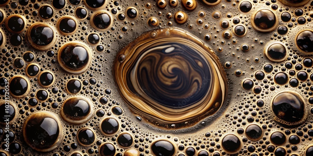 Poster a swirling vortex of dark brown liquid surrounded by a sea of frothy, iridescent bubbles, a close-up