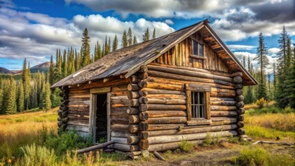 A weathered log cabin stands alone in a meadow surrounded by towering evergreen trees and a vibrant blue sky dotted with fluffy white clouds.