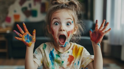 A surprised, cute and charming girl standing in the center of her room shows the camera how she got her face, clothes and hands dirty with paint of different colors