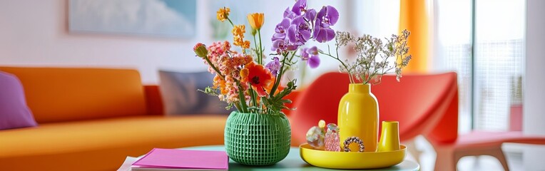 Stylish Sofa Setup with Bold Cushions and Fresh Flowers for a Cheerful Atmosphere