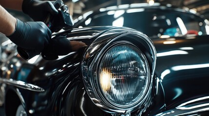 A close-up of a hand polishing the headlight of a classic black car, highlighting the shiny chrome details.