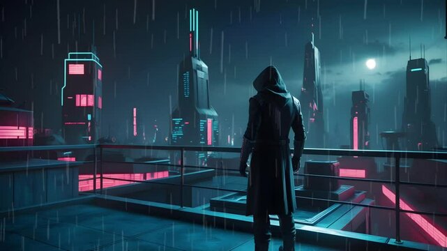 A ninja in a future city during the rain. Seamless 4K looping timelapse video animation background