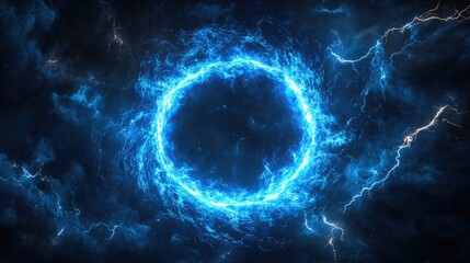 A mesmerizing blue energy vortex surrounded by dark clouds and crackling lightning.