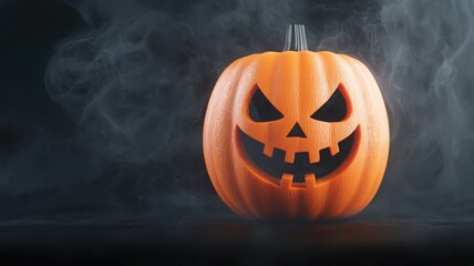 Halloween pumpkin with spooky face, smoke effect, dark background