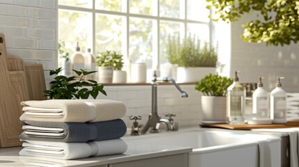 Modern Bathroom Design with White Towels and Plants