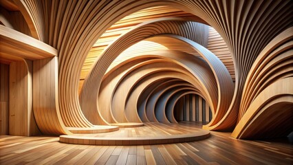 Fototapeta premium Curved wooden walls form an abstract interior space with a circular stage in the middle