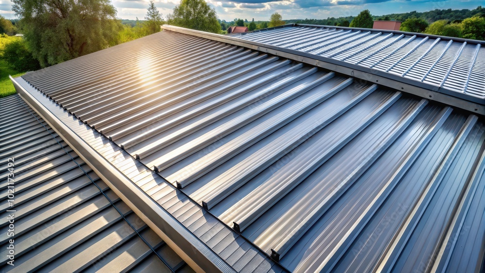 Poster closeup of a modern metal roof with a subtle shine, showcasing the intricate pattern of the corrugat