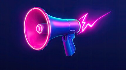 A vibrant megaphone in neon colors, symbolizing communication and amplification with an energetic lightning bolt effect.