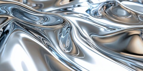 Shiny chrome textures with smooth reflections, metallic surface, and a futuristic, abstract background