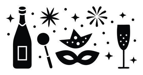 New Year Eve Celebration Silhouette vector, Party Icons with Clock, Champagne, and Balloons