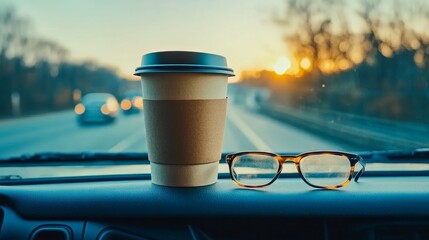 A cup of coffee and a pair of glasses sit on a car dashboard in front of a blurry sunset scene.