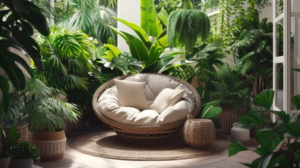 Obraz premium Relaxing Indoor Oasis with Lush Greenery and Comfortable Seating
