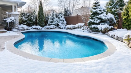 A tranquil backyard reveals a swimming pool blanketed in snow, surrounded by frosty trees and a luxurious home, capturing the essence of a cold winter day