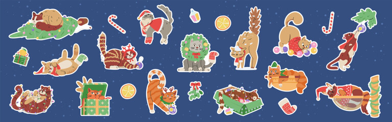 Christmas funny cats flat vector stickers set. Cute cats in sweaters and scarfs, deer antlers and wreath playing with garlands, Christmas toys and tree.