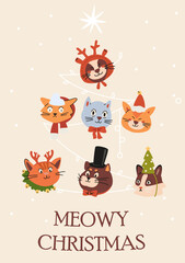Merry Christmas greeting card with funny cats heads in Christmas hats, deer antlers vector illustrations.