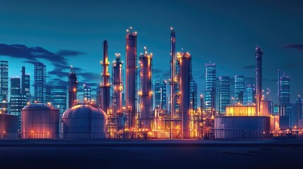 Obraz premium A vibrant industrial skyline at twilight, featuring illuminated refinery towers and storage tanks.
