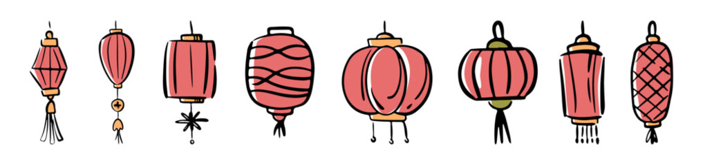 Chinese traditional paper lanterns hanging. Vector isolated doodle elements or decoration for holiday celebration. Ornaments and different shapes of asian symbols, simple eastern lights
