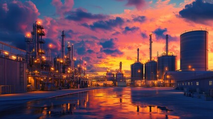 Naklejka premium A vibrant sunset casts colorful reflections over an industrial complex, highlighting machinery and storage tanks.