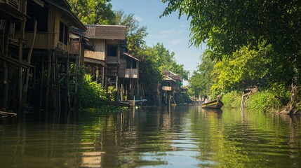 Obraz premium Captivating Unseen Thailand: Stilt Houses Village Along River