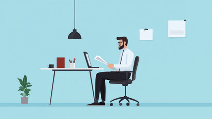 A professional man sitting at a desk, working on a laptop in a bright office environment, with a plant and organized workspace.
