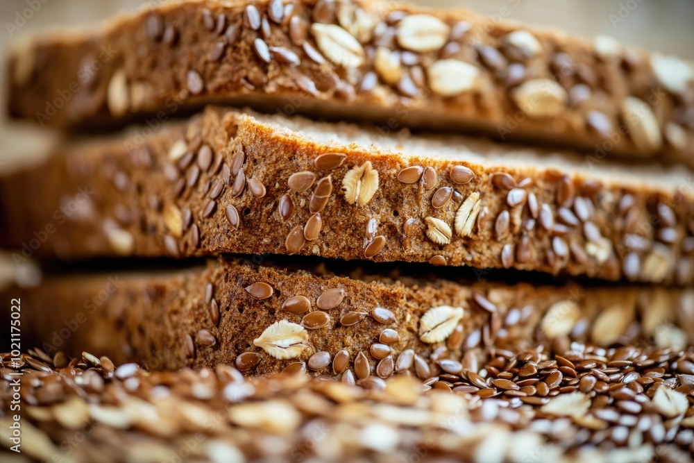 Poster sliced bread with flax seeds. a close-up image of a stack of bread slices, showcasing the flax seeds