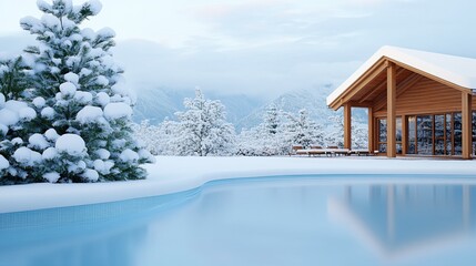 A tranquil backyard reveals a swimming pool blanketed in snow, surrounded by frosty trees and a luxurious home, capturing the essence of a cold winter day