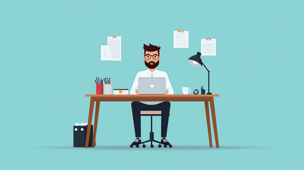 A young man working on a laptop at a modern desk with stationery and documents in a creative office space, surrounded by vibrant colors.