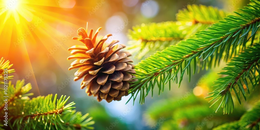 Poster A pine cone hangs from a branch, illuminated by the warm glow of the setting sun, casting a soft light on the surrounding foliage.
