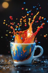 White cup exploding with vibrant splashes of colorful liquid, creative and dynamic art scene