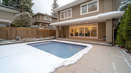 Fototapeta premium A tranquil backyard reveals a swimming pool blanketed in snow, surrounded by frosty trees and a luxurious home, capturing the essence of a cold winter day
