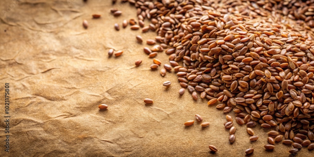 Poster A close-up image of a pile of flax seeds on a wrinkled brown paper background with a few seeds scattered on the surface.