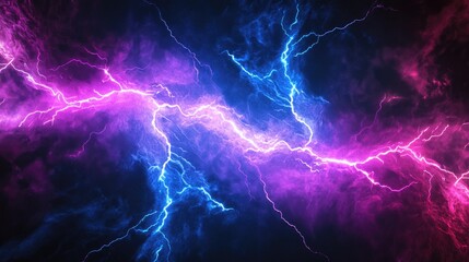 Naklejka premium A stunning display of pink and blue lightning striking through dark clouds, creating a dramatic and electrifying atmosphere.